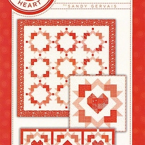 May include: A quilt pattern titled "Explosion of Love" by Sandy Gervais. The design features red and white geometric shapes, including hearts and starbursts. The image includes a large quilt design and smaller sample blocks.