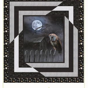 May include: A quilt pattern titled Reversal An Intermediate Panel Quilt by Quilting Renditions. The design features a central image of a barn owl perched on a fence under a full moon, surrounded by geometric borders in shades of black, gray, and white.