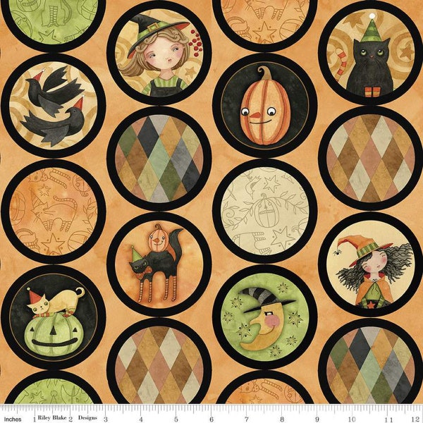 Halloween Whimsy Circles Orange - per yard - by Teresa Kogut for Riley Blake Designs - witches, jack-o'-lanterns, and cats - CD11825-ORANGE