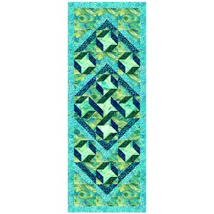 May include: A teal and green table runner with a geometric pattern of overlapping squares and triangles. The pattern is reminiscent of a kaleidoscope.