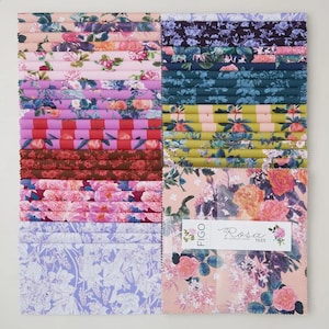 May include: A collection of floral fabric swatches in various colors, including pink, purple, red, and green. The fabrics feature rose and other flower patterns. The label reads "FIGO Rosa TILES".