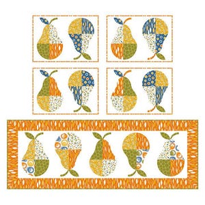 May include: A set of patchwork pear designs in shades of yellow, orange, blue, and green. The pears are arranged in a repeating pattern on a white background. The design is perfect for quilting, fabric crafts, and home decor.