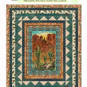 May include: A large throw quilt pattern titled "Sedona Spirit" with dimensions of 60" x 74". The design features a desert landscape with cacti and red rock formations. The quilt has a teal, tan, and cream color scheme with geometric borders. Pressing instructions are included.
