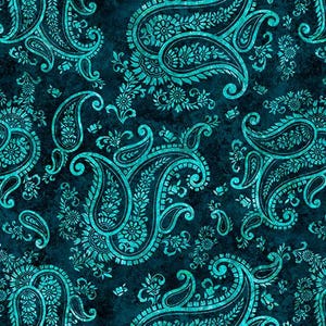 May include: A teal and navy paisley pattern. The design features large, ornate paisley shapes with intricate floral details. The teal elements have a textured, distressed appearance, contrasting with the dark navy background. This pattern is suitable for fabric or wallpaper.
