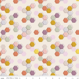 May include: A seamless pattern featuring a repeating design of overlapping hexagons in various shades of pink, purple, yellow, orange, and green. The hexagons are outlined in black and set against a cream background.