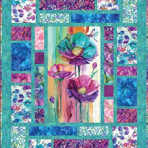 May include: A quilt block featuring a watercolor-style floral design with pink, purple, and blue flowers. The background is a teal color with a patchwork of different floral patterns.
