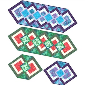 May include: Three quilted table runners in shades of purple, blue, green, and red. The runners feature geometric patterns with square and diamond shapes. The top runner has a snowflake design, while the others have a holiday theme.