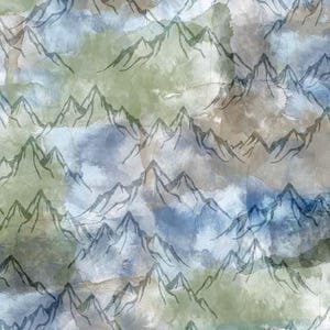 May include: Watercolor mountain range pattern in shades of blue, green, and brown. The design features a repeating pattern of stylized mountain peaks against a textured, blended background, creating a serene, artistic aesthetic.