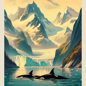 May include: A vintage-style poster of Glacier Bay National Park. The artwork depicts a serene landscape with snow-capped mountains, a glacier, and two orcas swimming in the water. The poster has a retro aesthetic with a muted color palette.