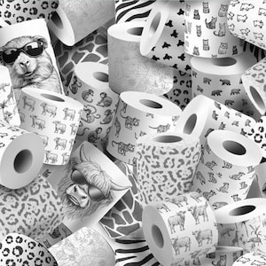 May include: A collection of black and white patterned toilet paper rolls. Designs include animal prints, animal illustrations, and a cool-looking groundhog wearing sunglasses. The rolls are arranged in a visually appealing, overlapping manner.