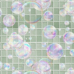 May include: A repeating pattern of iridescent bubbles floating against a light green tiled background. The bubbles vary in size and reflect a rainbow of colors, creating a whimsical and airy design.