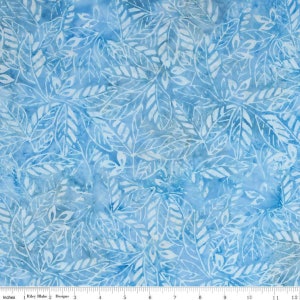 May include: A blue fabric with a white leaf pattern. The fabric has a watercolor effect and is perfect for quilting, crafts, and home decor.