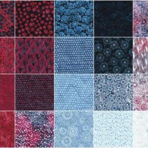 May include: A fabric swatch collection featuring various patterns in shades of red, blue, and white. Designs include floral, geometric, and abstract motifs. The fabrics are arranged in a grid, showcasing the diverse textures and styles.