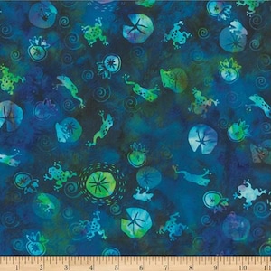 May include: A fabric with a dark blue background featuring a pattern of green frogs, lily pads, and water swirls. The frogs are in various poses, and the lily pads have a watercolor effect. The overall design has a whimsical, aquatic theme.