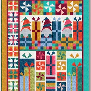 May include: A rectangular quilt featuring a repeating pattern of gnomes, wrapped gift boxes, and pinwheel blocks. The design incorporates a vibrant color palette of red, teal, yellow, pink, and blue, framed by a solid mustard yellow border.