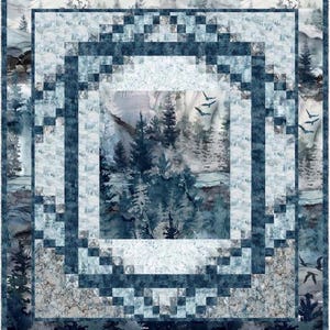 May include: A blue and white quilt block with a square pattern and a central image of a watercolor forest scene.