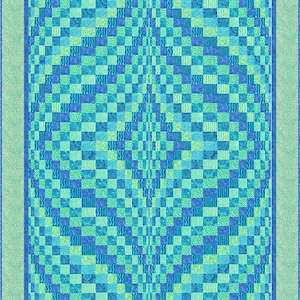 May include: A quilt with a checkered pattern in shades of blue and green. The quilt is made up of smaller squares, each with a different pattern. The quilt is framed with a light green border.