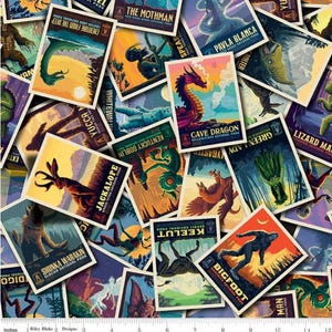 May include: A fabric featuring a collage of vintage-style travel posters. Each poster showcases a different cryptid, including Bigfoot, the Mothman, and the Jackalope, with vibrant illustrations and text. The posters are in various colors, including orange, green, and blue.