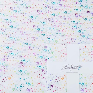 May include: White fabric with a colorful pattern of birds and dots. The birds are in shades of teal, purple, and orange. The dots are in various colors. The fabric is from Free Spirit.