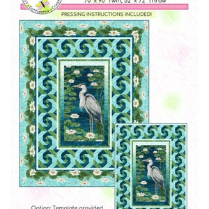 May include: A quilt pattern titled "Tranquil" featuring a heron in a pond scene. The design includes a twin size (70" x 90") and a throw size (52" x 72"). The pattern includes pressing instructions and template options for paper piecing.