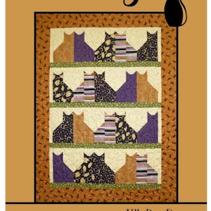 May include: A quilt pattern named "Cat City" with rows of cat silhouettes in patterned fabrics. The design includes orange, purple, and black cat shapes. The text "Cat City" is at the top and "Villa Rosa Designs" at the bottom of the pattern.