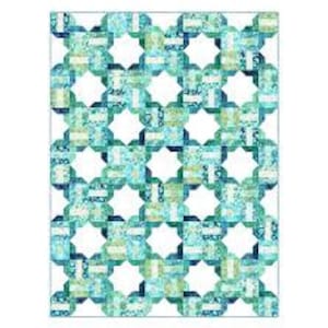 May include: A quilt pattern with a repeating geometric design in shades of blue, green, and white.