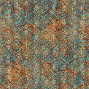 May include: Abstract textile pattern featuring a repeating geometric design in shades of teal, brown, and rust. The pattern has a textured, weathered appearance, with vertical and diagonal lines creating a complex visual effect.