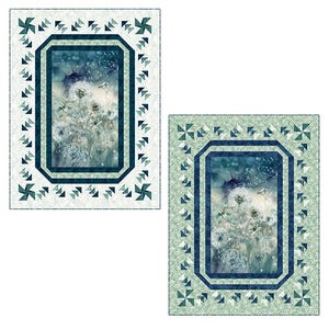 May include: Two rectangular quilts with a nature-themed design. The central image features dandelions and dragonflies in shades of white, blue, and green. The quilts are framed with geometric patterns in coordinating colors, creating a cohesive and artistic look.