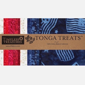 May include: A fabric bundle featuring red, white, and blue batik fabrics. The bundle includes fabrics with flag and star patterns. The label reads "TONGA TREATS" and "5" x 5"", and "100% Cotton, Made In Indonesia". The brand name "TIMELESS TREASURES" is also visible.