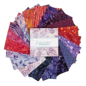 May include: A pack of 20 fabric squares in various shades of purple, blue, and red with batik patterns. The pack is labeled "Expressions" by Riley Blake Designs.