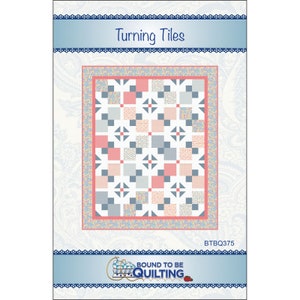 May include: Quilting pattern for a quilt called "Turning Tiles". The quilt features a white background with a repeating pattern of squares in shades of blue, gray, and pink. The pattern is bordered with a light blue, pink, and yellow fabric. The pattern is labeled "Turning Tiles" and "BTBQ375".