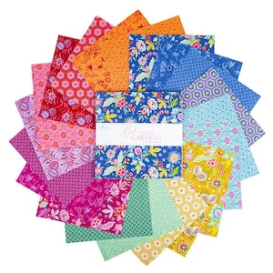 May include: A stack of square fabric swatches arranged in a circular fan pattern. The collection features a variety of floral, geometric, and abstract prints in vibrant colors including blue, yellow, pink, orange, red, and green. A white paper band labeled Kensington Gardens wraps around the center.