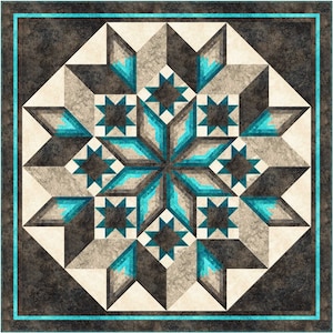 May include: A quilt block with a geometric design featuring a central star with eight points. The star is surrounded by smaller stars and triangles in shades of brown, beige, and teal.