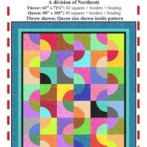 May include: A quilt pattern called "Half Moon Rising" with a colorful geometric design featuring half-circles. The pattern is made with 10-inch precut squares and is available in throw and queen sizes.