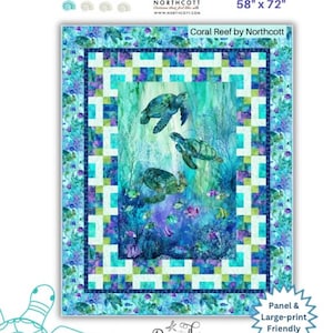 May include: A quilt pattern titled "Turtle Shuffle" featuring a coral reef design with sea turtles and fish. The quilt measures 58" x 72". The pattern is by Northcott and Dragonfly's. Skill level: Beginner.