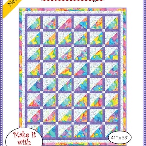 May include: A fabric panel with a colorful geometric design. The quilt pattern features triangles and squares in vibrant hues of yellow, blue, purple, and pink. The dimensions are 41" x 53". The text reads "Triangles & Squares" and "Make it with 3 yards."