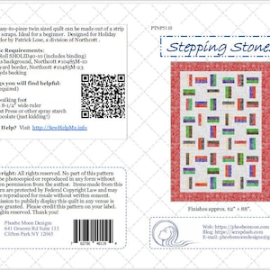 May include: A quilt pattern called "Stepping Stones" with a red, white, and blue color scheme. The pattern is designed to be made with strips of fabric and finishes at approximately 62 inches by 88 inches.