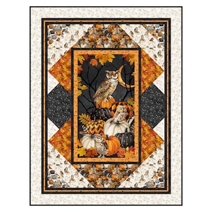 May include: A rectangular quilt featuring a central panel with owls perched on pumpkins against a dark background with autumn leaves and a crescent moon. The border consists of geometric patterns in orange, black, and cream with pumpkin motifs.