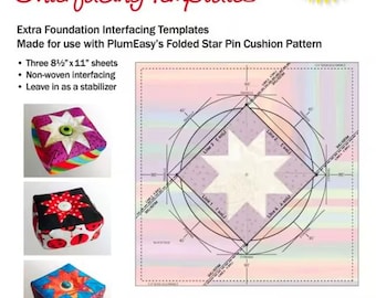 May include: A 3-pack of interfacing templates for folded star pin cushions. The package includes three 8.5" x 11" sheets of non-woven interfacing. The image shows examples of finished pin cushions and a template design.