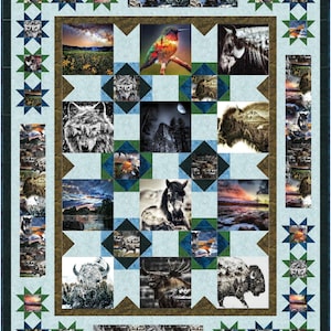 May include: A quilt with a blue background and a grid pattern. Each square in the grid features a different nature-themed image, including a wolf, a horse, a bison, a hummingbird, and a forest scene. The quilt is surrounded by a border of blue and green stars.