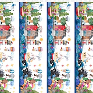 May include: A colorful, whimsical fabric design featuring a repeating pattern of houses, boats, whales, hot air balloons, and trees. The design is set against a white background with blue accents.