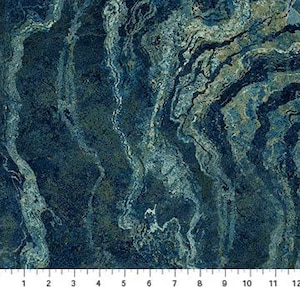 May include: Abstract blue, green, and gold marble pattern fabric. The fabric has a textured, slightly rough surface.