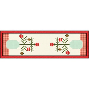 May include: A red and white gingham table runner with a red border and white polka dots. The runner features two green trees with red ornaments and brown pine cones. Each tree is in a light blue jar.