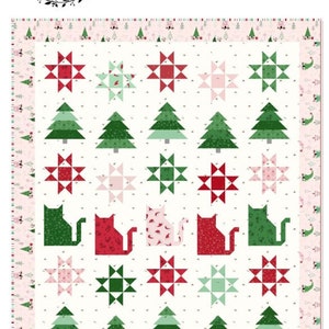 May include: A quilt pattern for a Scaredy Cat Christmas quilt. The pattern features a white background with green trees, red and pink stars, and red and green cats. The quilt is 66 inches by 79 inches and the finished block is 9 inches. The pattern is precut square friendly.