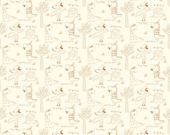 May include: A white fabric with a repeating pattern of brown line drawings of dinosaurs wearing party hats, palm trees, and birds. The fabric is 12 inches wide.
