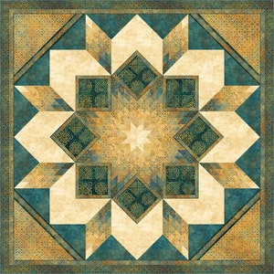 May include: A square quilt with a Celtic knot design in shades of green, gold, and cream. The center of the quilt features a large star shape.
