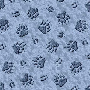 May include: A repeating pattern of dark gray bear paw prints and smaller animal tracks on a light blue textured background. The design is evenly spaced, creating a consistent and visually engaging pattern suitable for various applications.