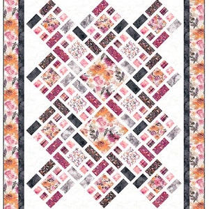 May include: A quilt pattern with a white background and a geometric design of pink, gray, and black squares. The squares are arranged in a diagonal pattern, creating a diamond shape in the center. The quilt is bordered with a floral print in shades of orange and pink.