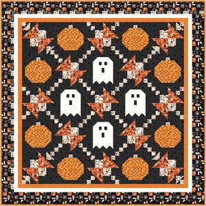 May include: A black and orange Halloween quilt with a repeating pattern of ghosts, pumpkins, and stars. The quilt is framed with a black and white border.