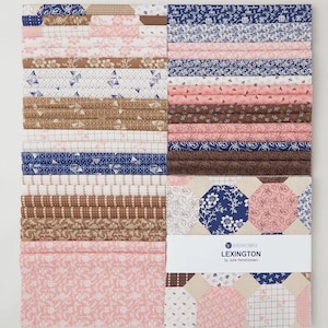 May include: A fabric bundle featuring various patterned cotton fabrics in shades of pink, brown, and blue. The fabrics include floral, geometric, and other decorative designs. The bundle is labeled "Lexington" by Julie Hendricksen.